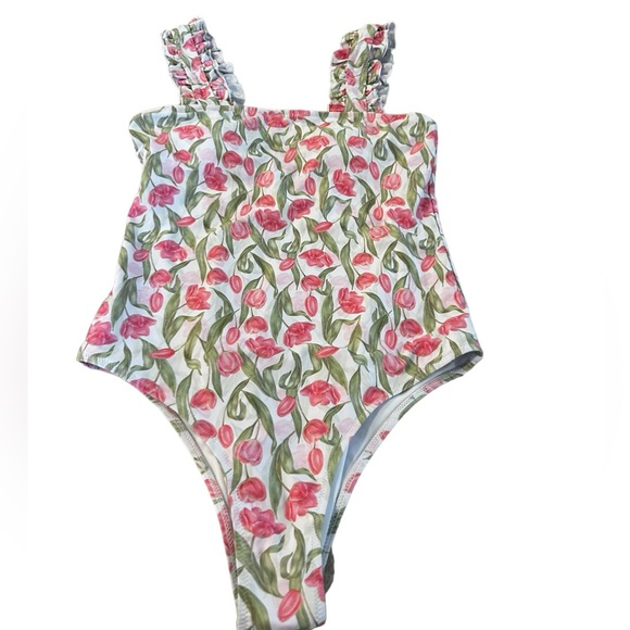 ❗️SOLD❗️Rose Print Ruffled Straps One Piece Swimsuit - Picture 2 of 9